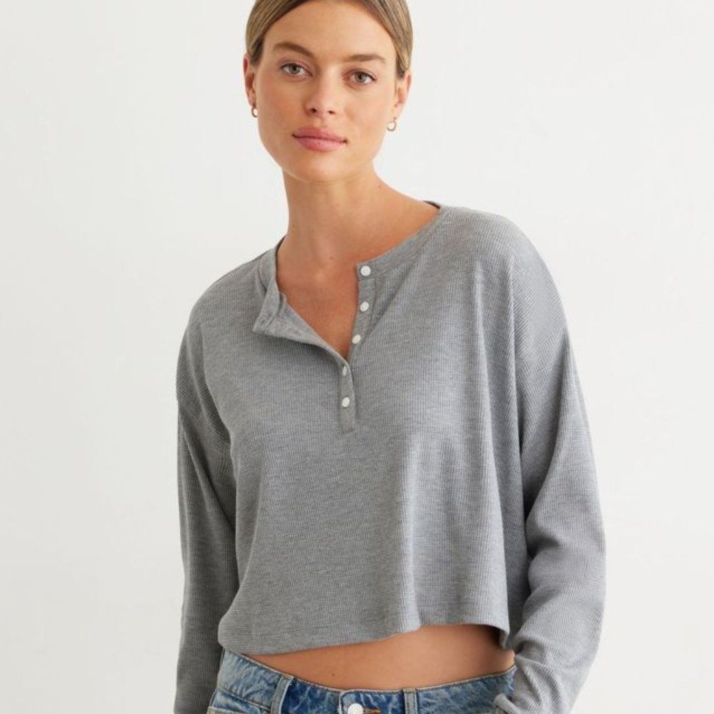 Women's - Long Sleeve Cropped Henley - XS - Grey